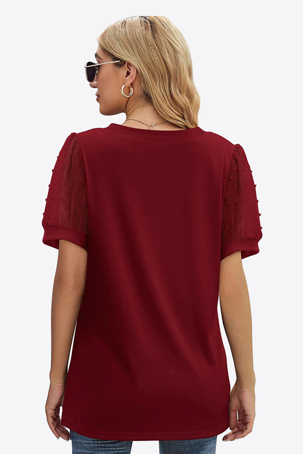 Buy Swiss Dot Puff Sleeve V-Neck Tee by Faz