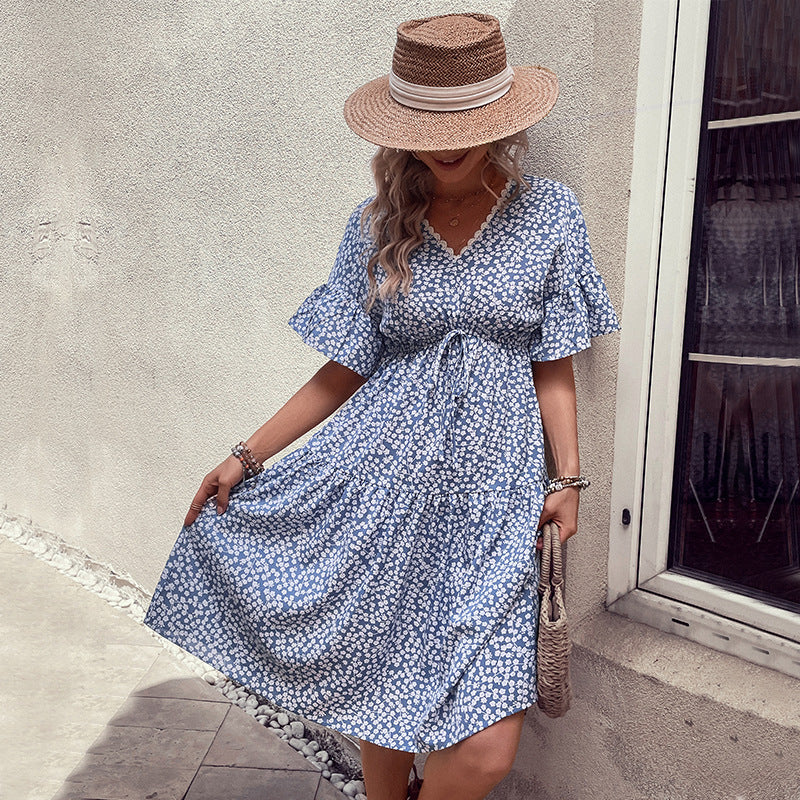 Buy Floral Flounce Sleeve V-Neck Dress by Hundredth
