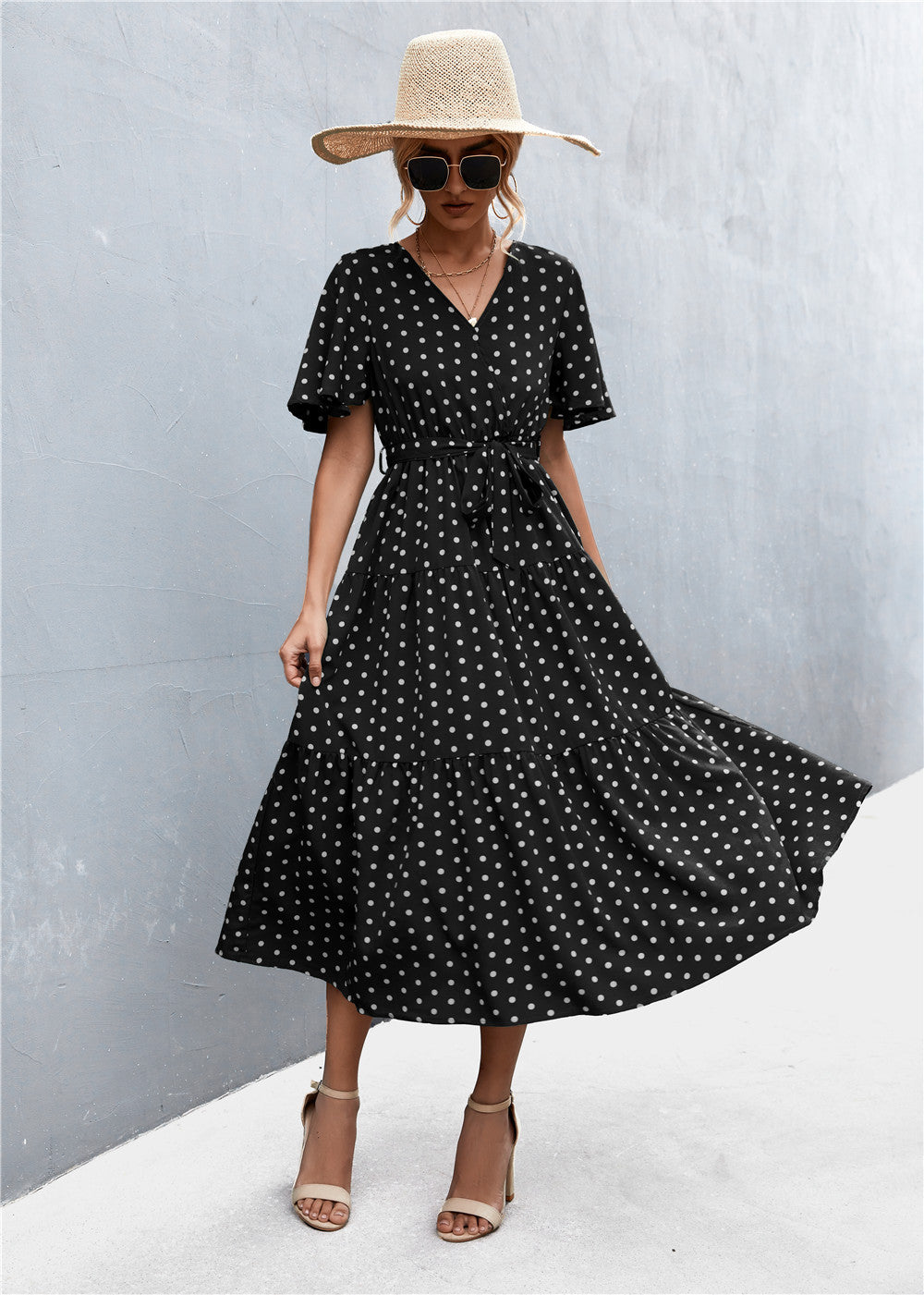 Buy Printed V-Neck Flutter Sleeve Belted Dress by YO