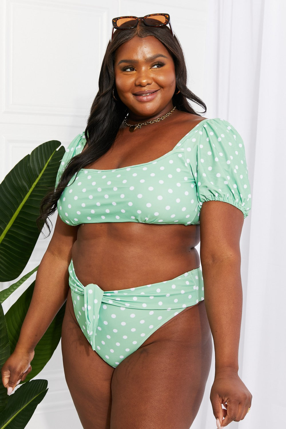 Buy Vacay Ready Puff Sleeve Bikini in Gum Leaf by Marina West Swim