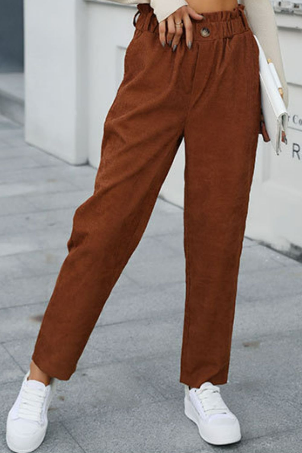 Buy Paperbag Waist Straight Leg Pants with Pockets by Faz