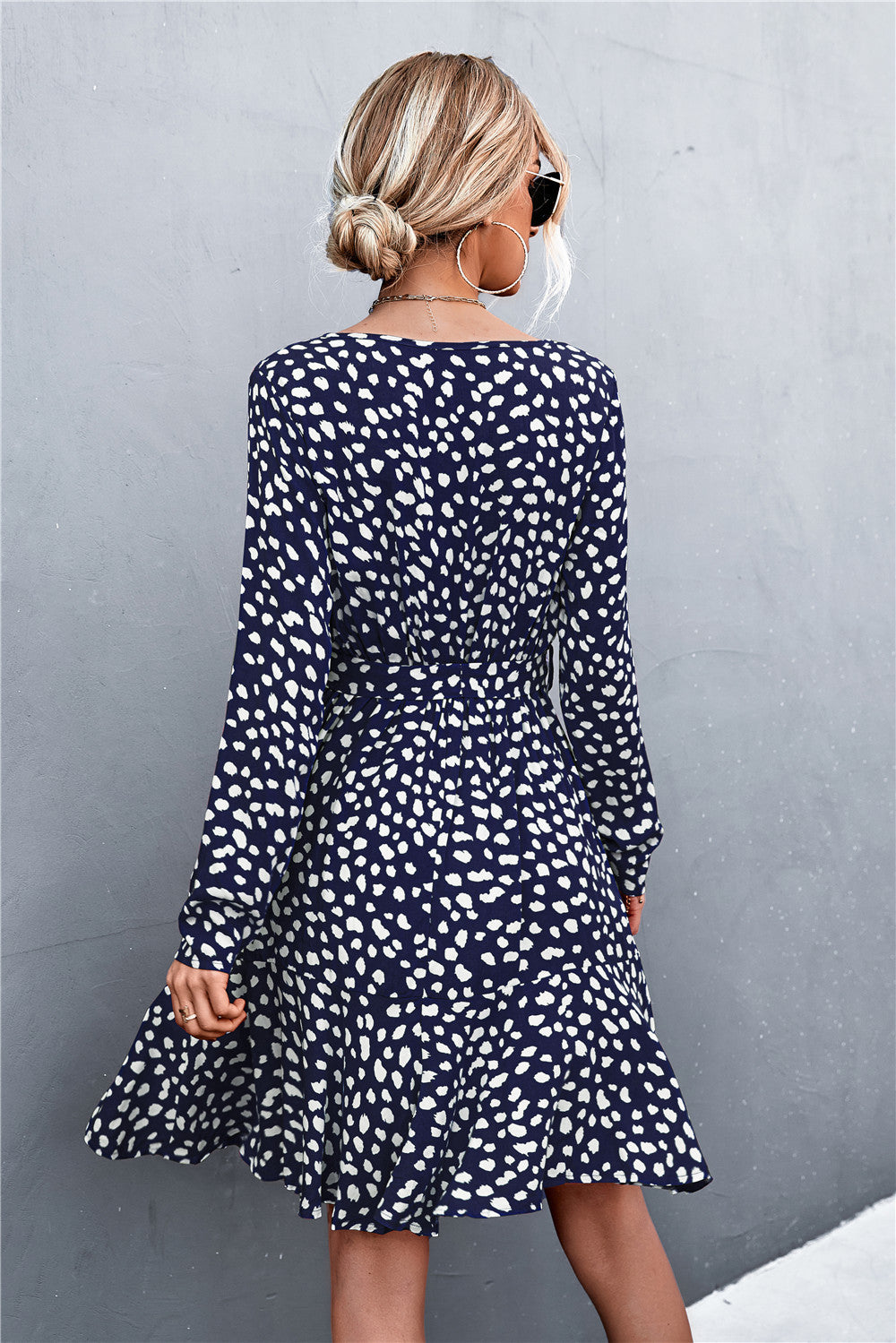 Buy Printed V-Neck Tie Belt Ruffle Hem Mini Dress by YO