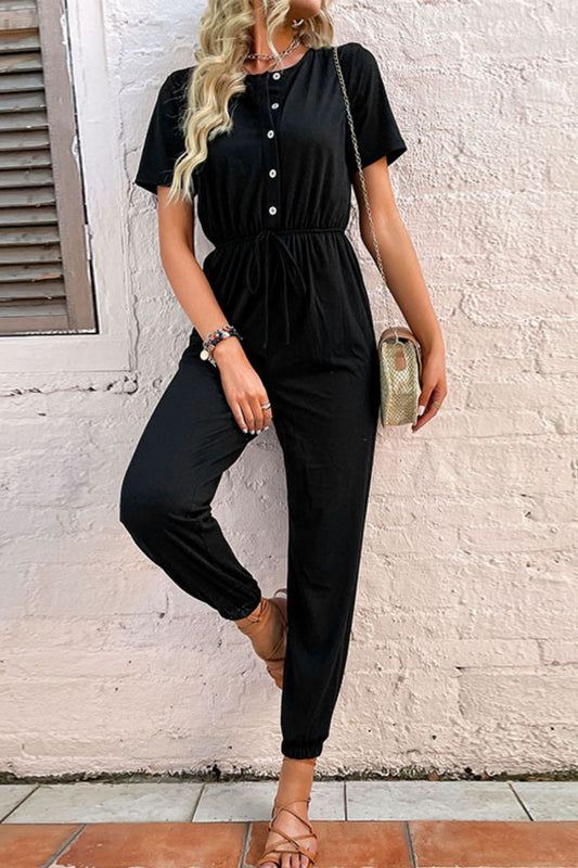 Buy Button Front Short Sleeve Jogger Jumpsuit by Faz
