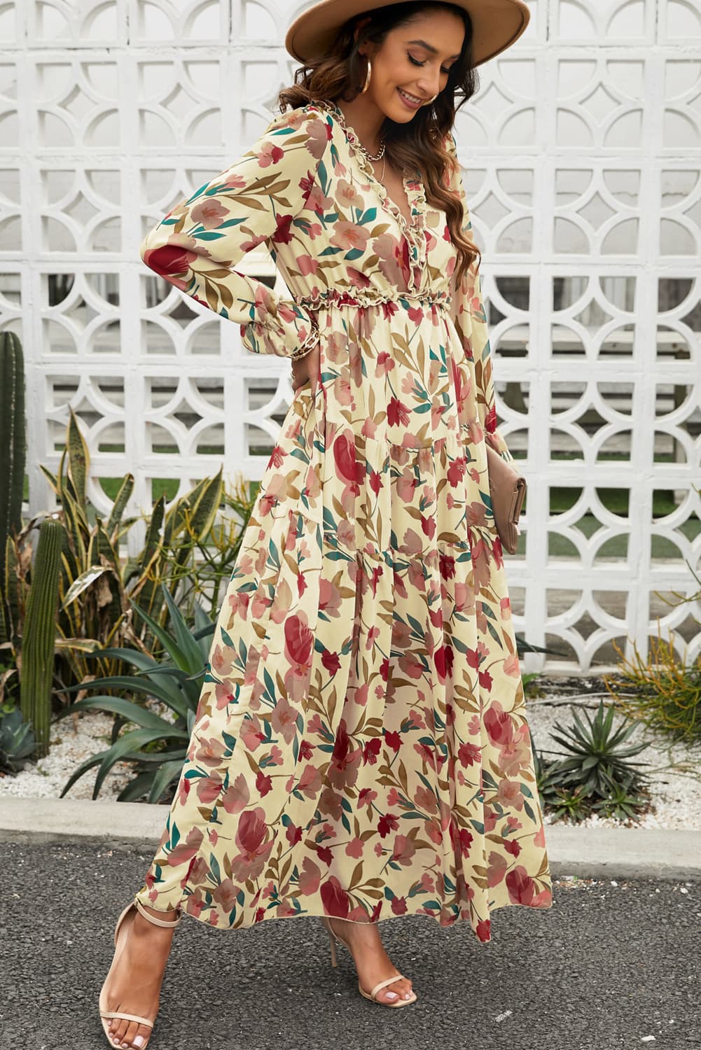 Buy Floral Frill Trim Flounce Sleeve Plunge Maxi Dress by SYNZ