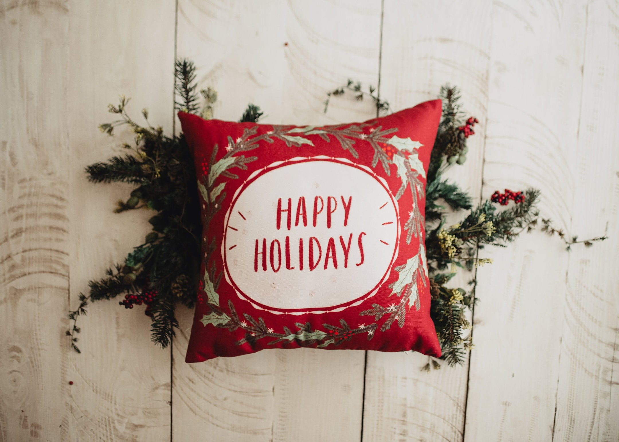 Buy Red Happy Holiday Wreath Throw Pillow Cover by UniikPillows