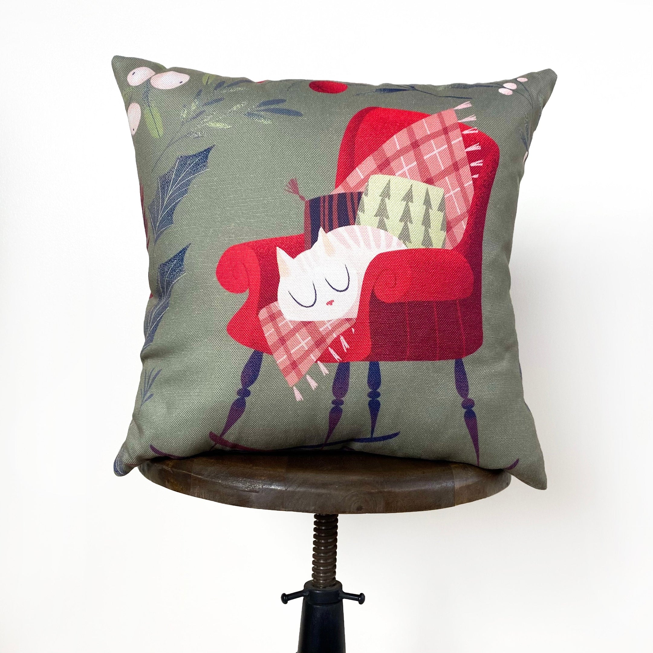 Christmas Kitty on Chair Throw Pillow Cover