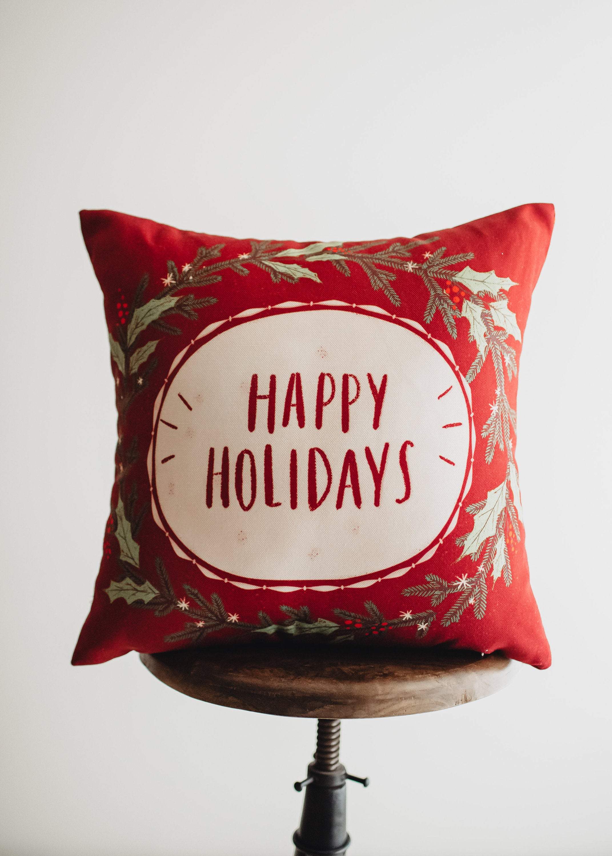 Red Happy Holiday Wreath Throw Pillow Cover