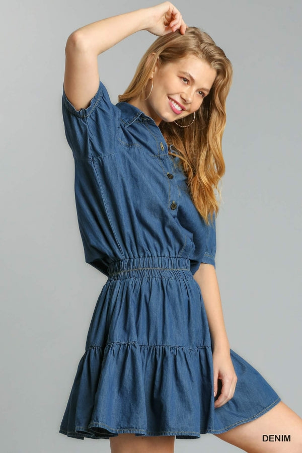 Buy Collar Button Front Half Short Sleeve Elastic Ruffle Dress by Sensual Fashion Boutique