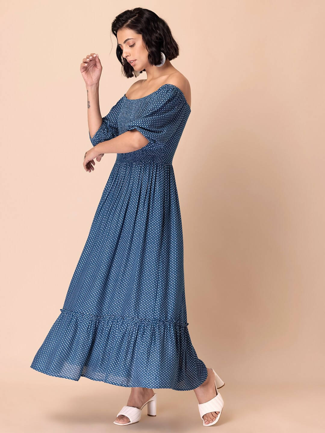 Buy Indya Blue Off-Shoulder Ethnic Maxi Dress by Distacart