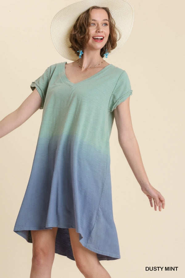 Buy Dip Dye V-Neck Short Sleeve Raw Edged Detailed Dress by Sensual Fashion Boutique
