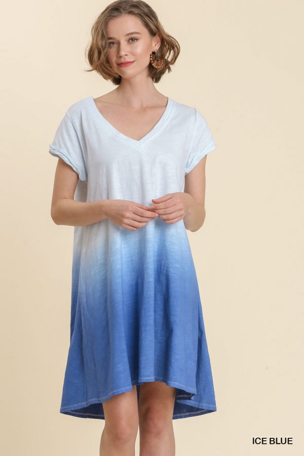 Dip Dye V-Neck Short Sleeve Raw Edged Detailed Dress