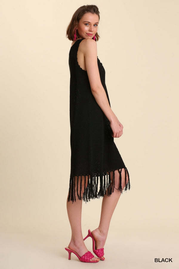 Buy Crochet Yoke Sleeveless Fringe Hem Dress with No Lining by Sensual Fashion Boutique