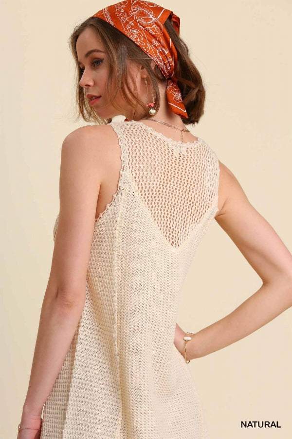Buy Crochet Yoke Sleeveless Fringe Hem Dress with No Lining by Sensual Fashion Boutique