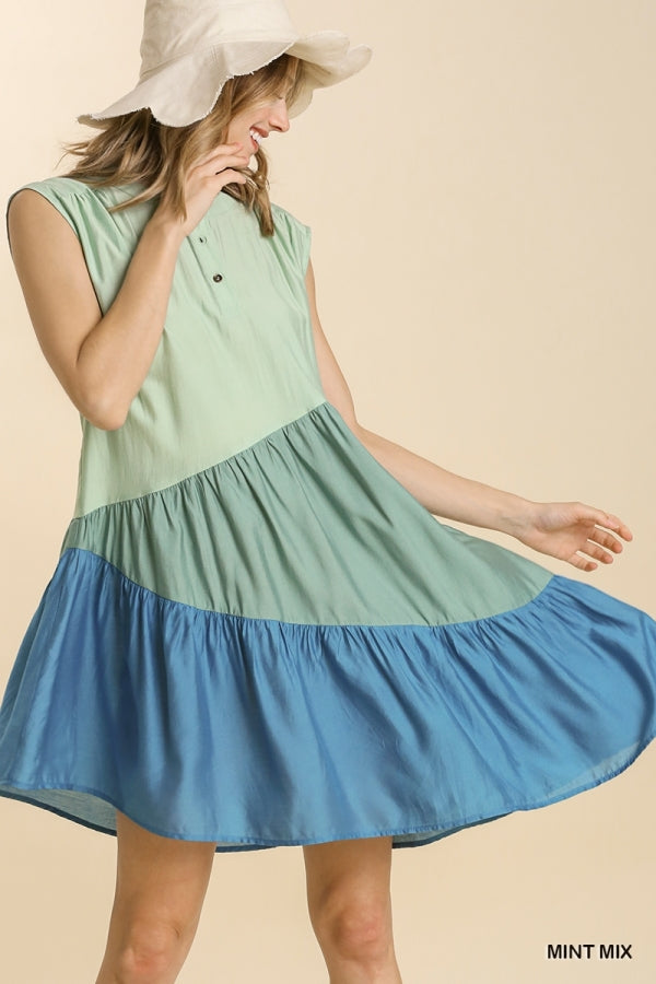 Color Block Half Button Front Sleeveless Tiered Dress
