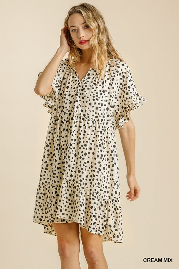 Buy Dalmatian Print Split Neck Short Sleeve Ruffle Hem Dress by Sensual Fashion Boutique