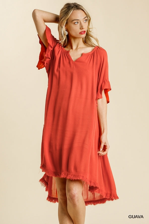 Buy Split Neck Short Ruffle Sleeve Back Tiered Frayed Hem Dress by Sensual Fashion Boutique