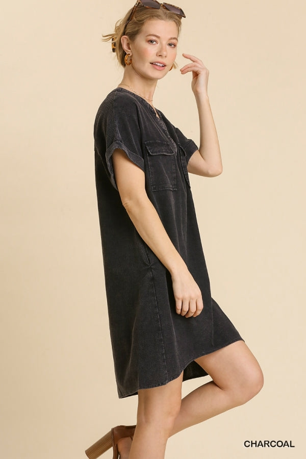 Buy Mineral Wash Short Folded Sleeve Split Neck Shirt Dress by Sensual Fashion Boutique