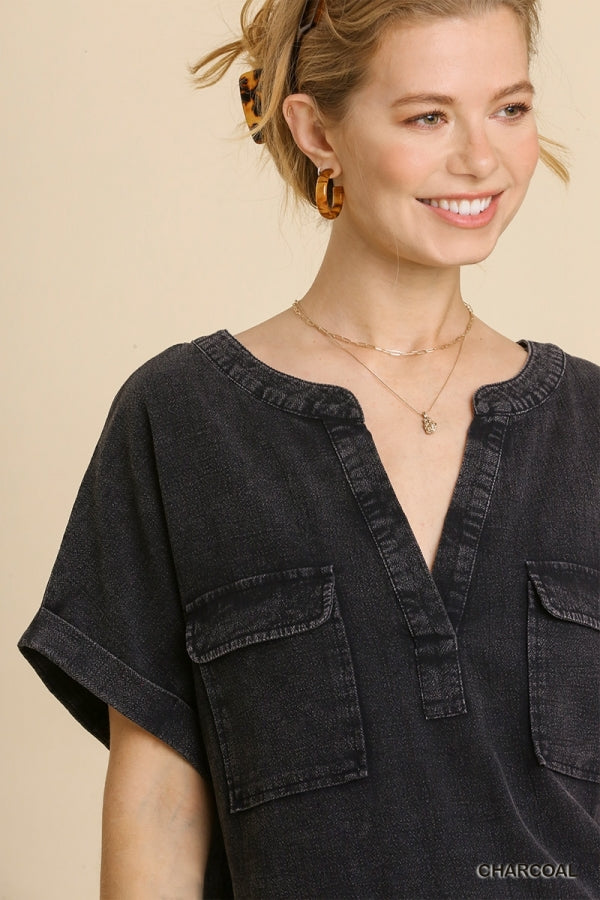 Buy Mineral Wash Short Folded Sleeve Split Neck Shirt Dress by Sensual Fashion Boutique