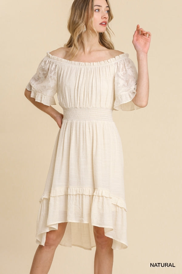 Buy Lace Jacquard Print Sleeve Off Shoulder Ruffle Hem Dress by Sensual Fashion Boutique