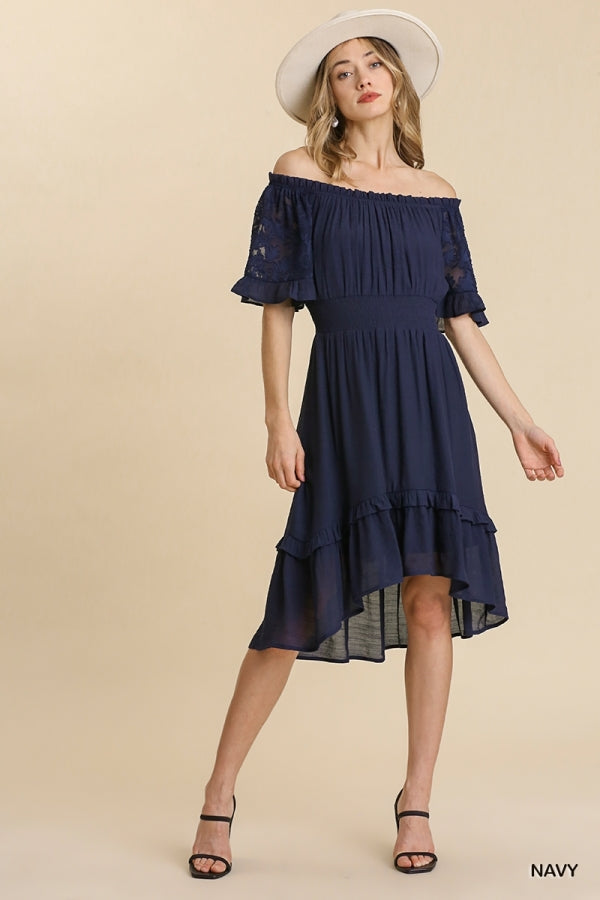 Buy Lace Jacquard Print Sleeve Off Shoulder Ruffle Hem Dress by Sensual Fashion Boutique