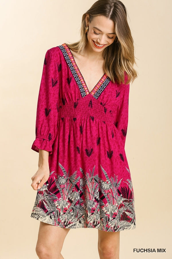 Buy Abstract Border Print Embroidery V-Neck Detail Dress by Sensual Fashion Boutique