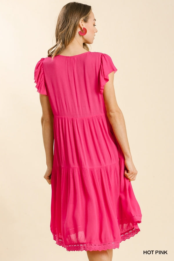 Buy Crochet Lace Eyelet Short Ruffle Sleeve Tiered Midi Dress by Sensual Fashion Boutique