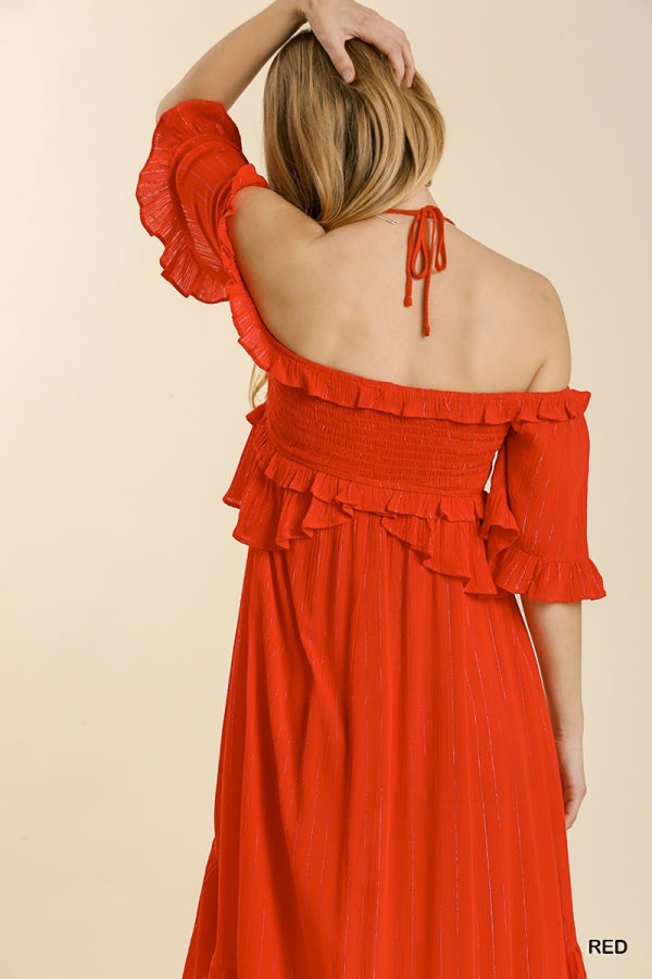 Buy Striped Metallic Print Off Shoulder Back Tie Smocked Detail Dress by Sensual Fashion Boutique