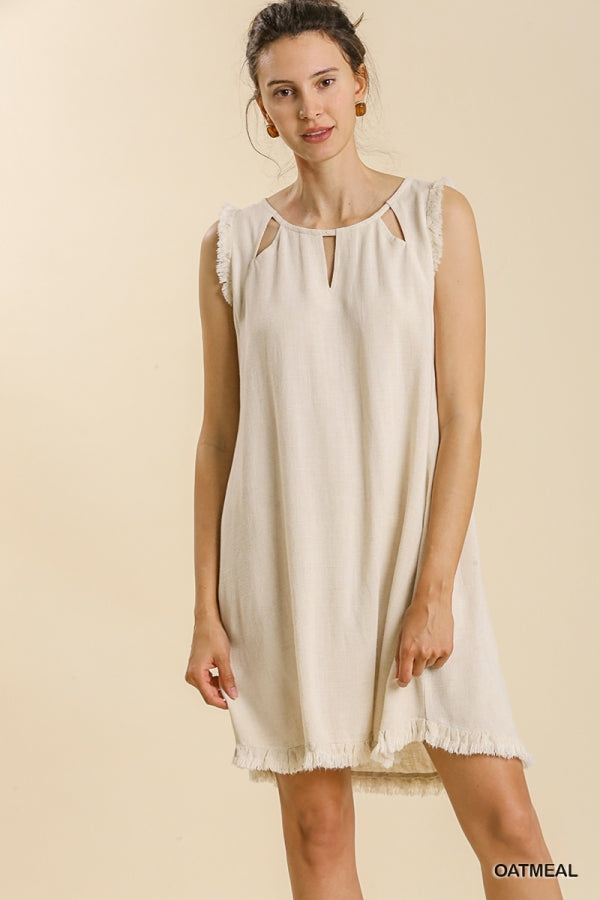 Buy Linen Blend Round Neck Sleeveless Ruffle Frayed Dress by Sensual Fashion Boutique