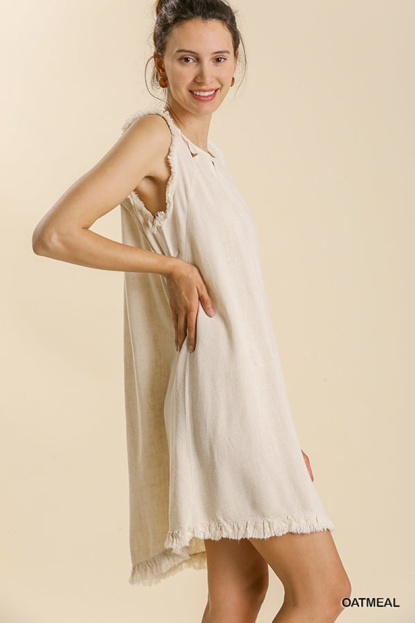 Buy Linen Blend Round Neck Sleeveless Ruffle Frayed Dress by Sensual Fashion Boutique