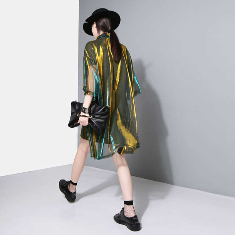 Reece Sheer Shimmer Shirt Dress - Gold Green