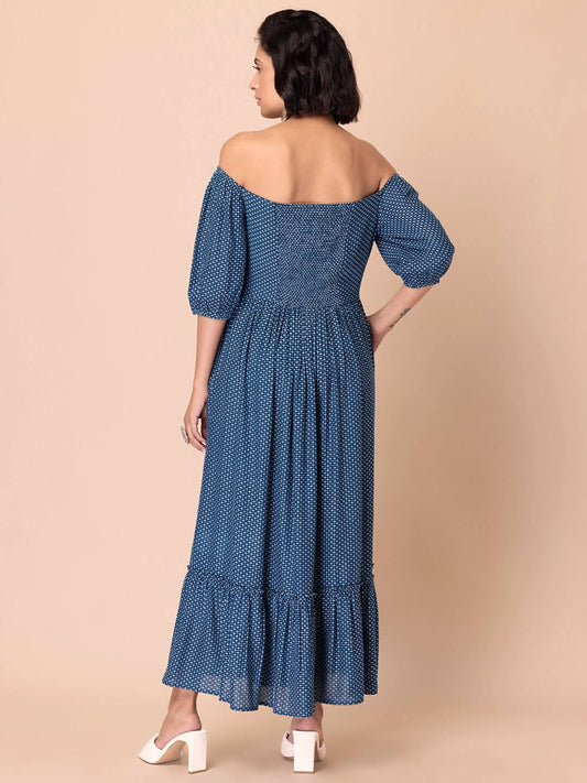 Indya Blue Off-Shoulder Ethnic Maxi Dress
