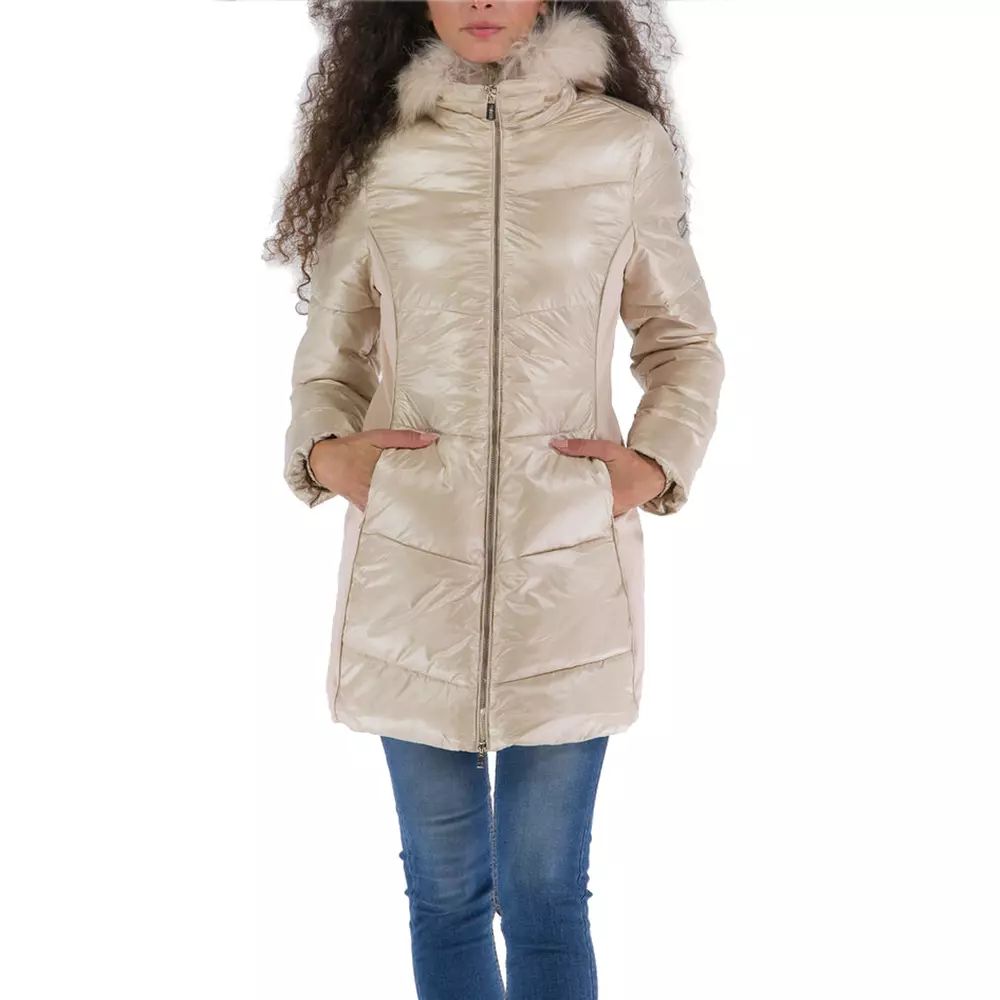 Elegant Beige Padded Jacket with Fur Hood