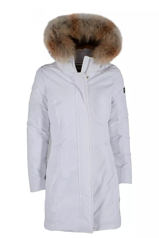 Chic White Down Jacket with Fur-Trimmed Hood