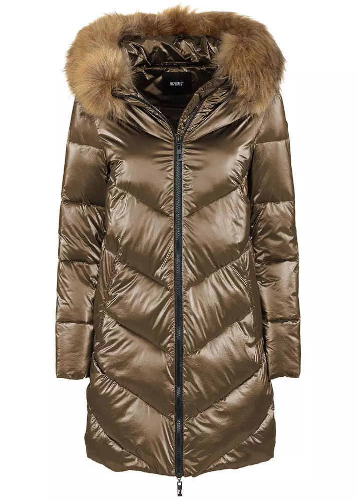 Eco-Chic Brown Down Jacket with Faux Fur Hood