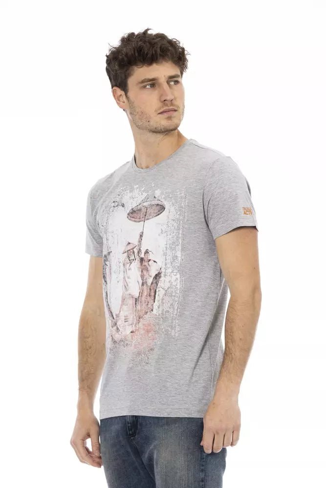 Chic Gray Cotton-Blend Tee with Artistic Front Print