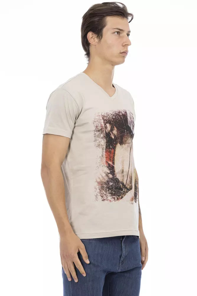 Beige V-Neck Tee with Front Print