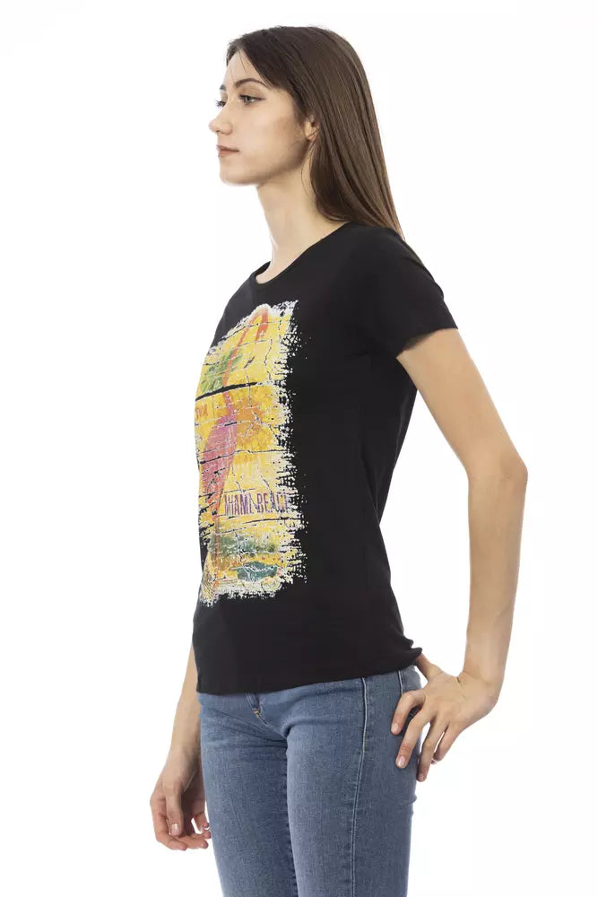 Chic Black Round Neck Tee with Front Print