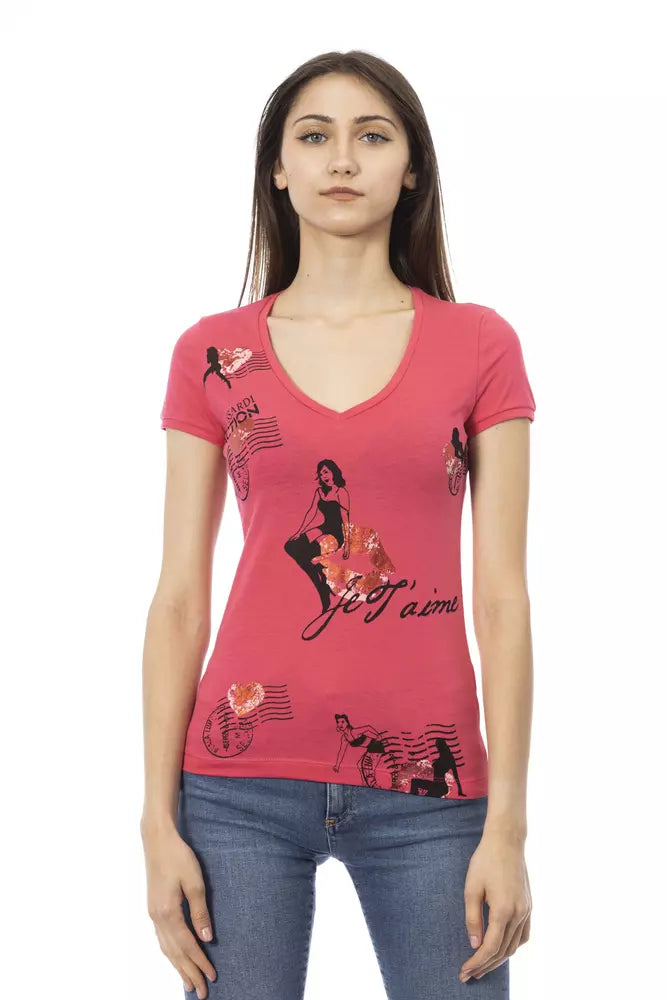 V-Neck Cotton Blend Tee with Chic Front Print