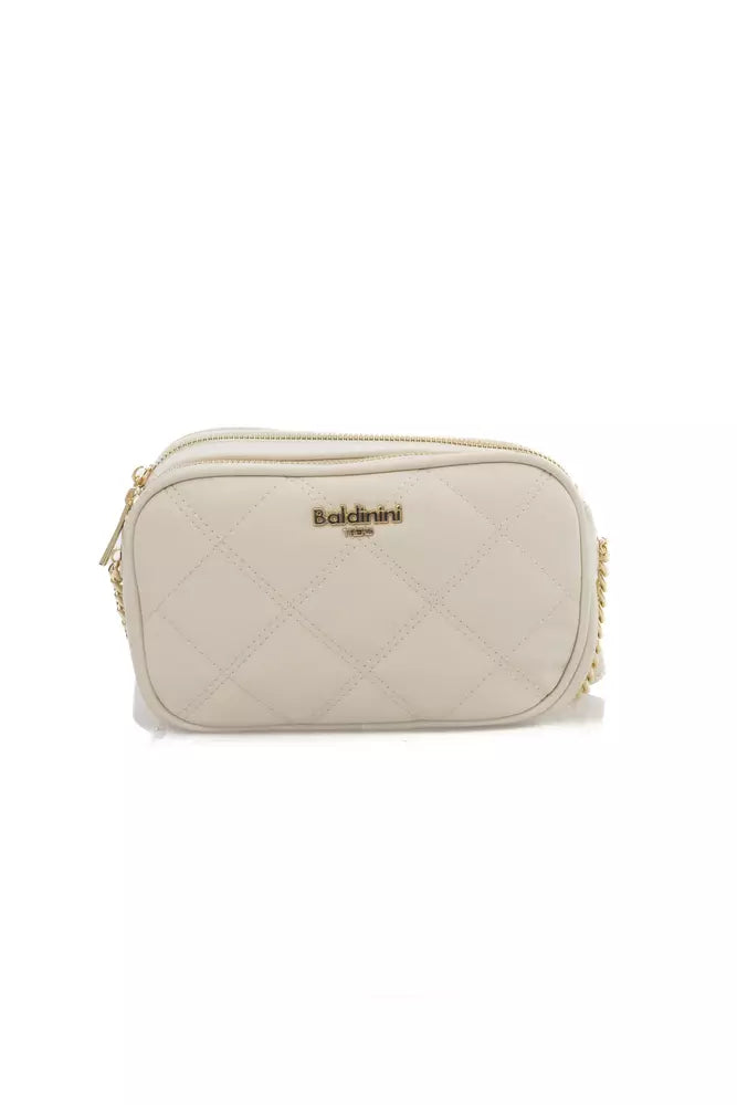 Beige Double Compartment Shoulder Bag with Golden Accents
