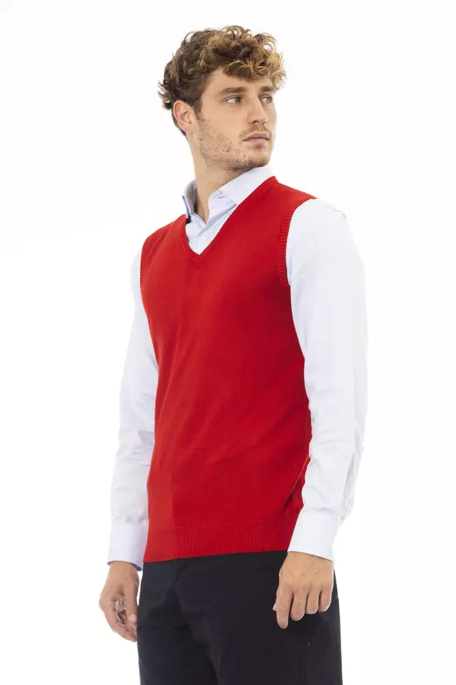 Elegant V-Neckline Red Vest Fine Rib Knit