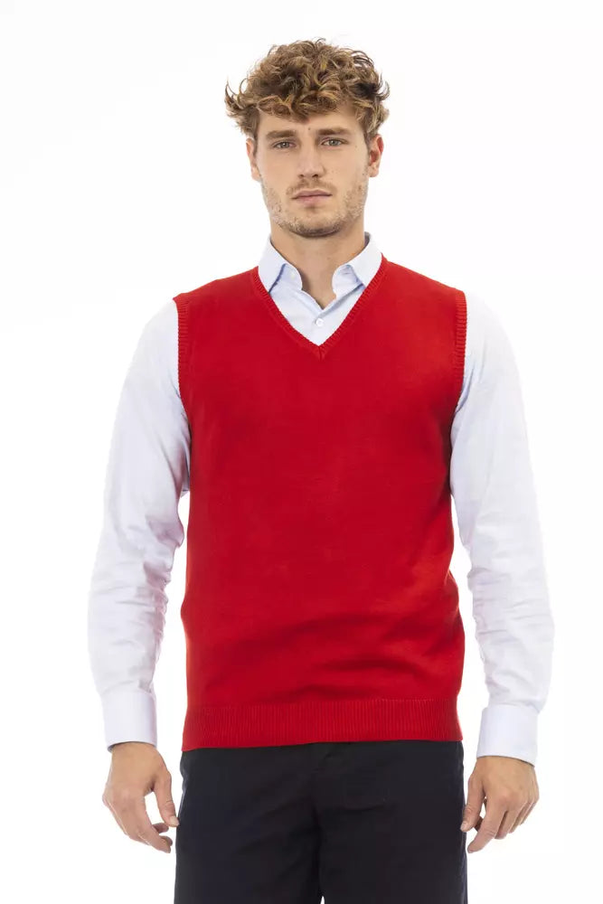 Elegant V-Neckline Red Vest Fine Rib Knit