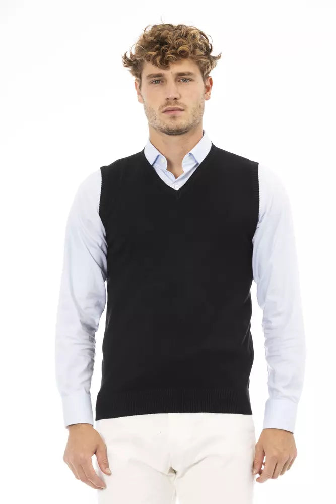 Elegant V-Neck Fine Rib Knit Vest in Black