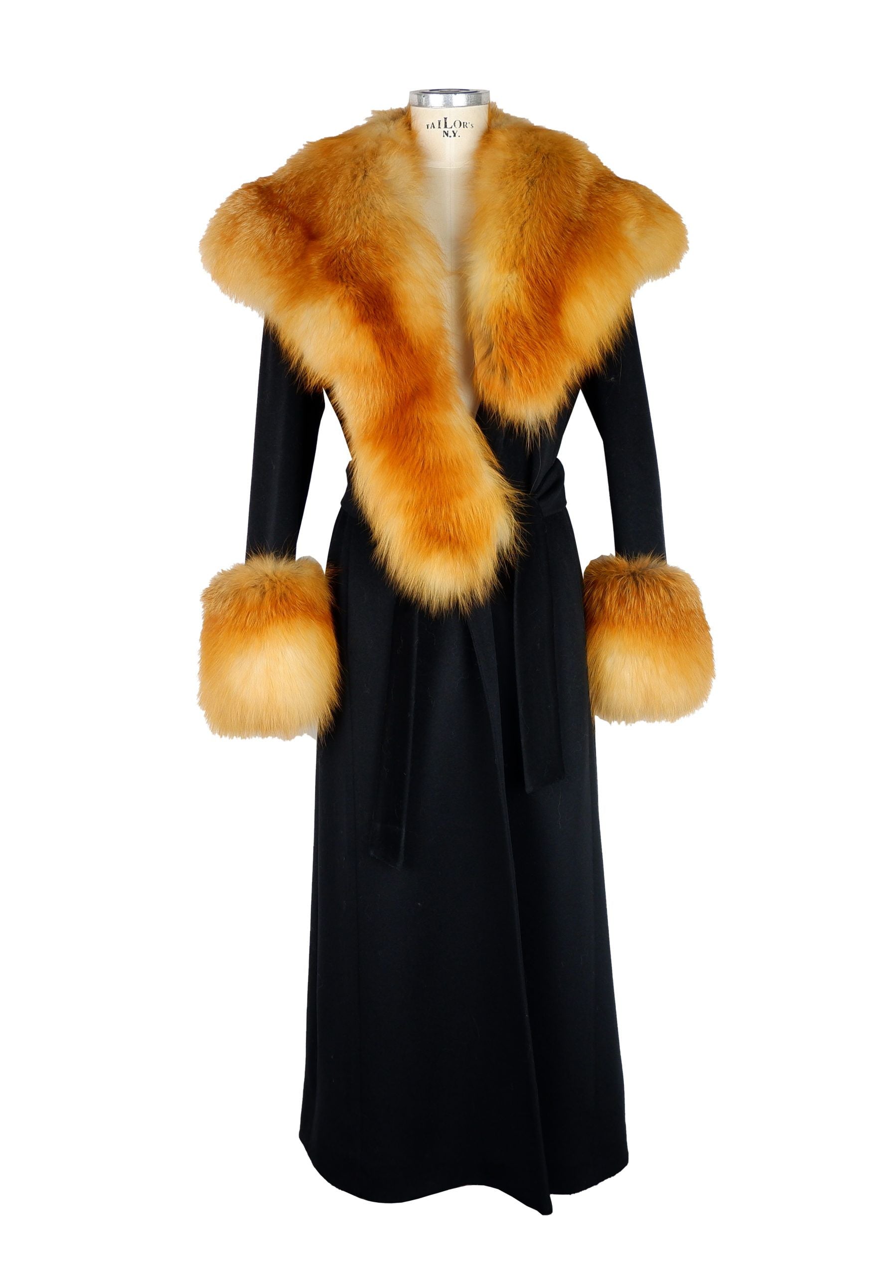 Elegant Black Wool Coat with Fox Fur Accents