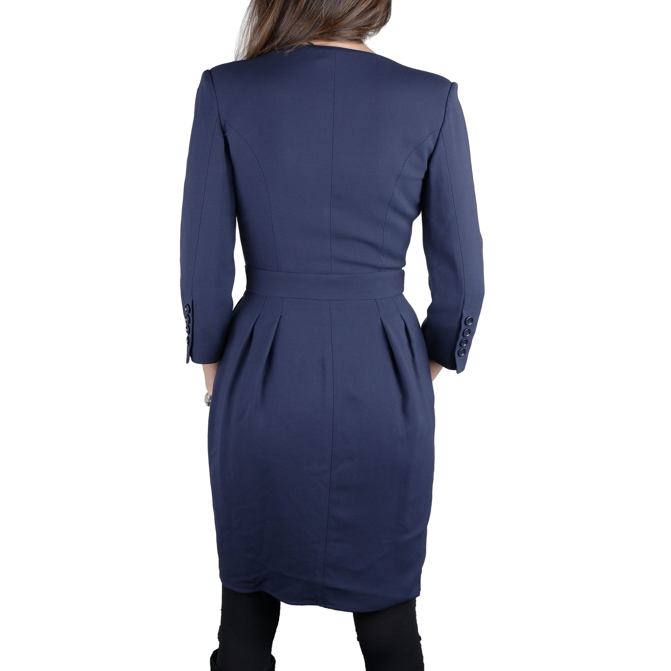 Elegant Blue V-Neck Dress with Belt