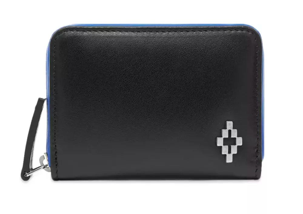 Sleek Black Leather Card Holder with Blue Accents