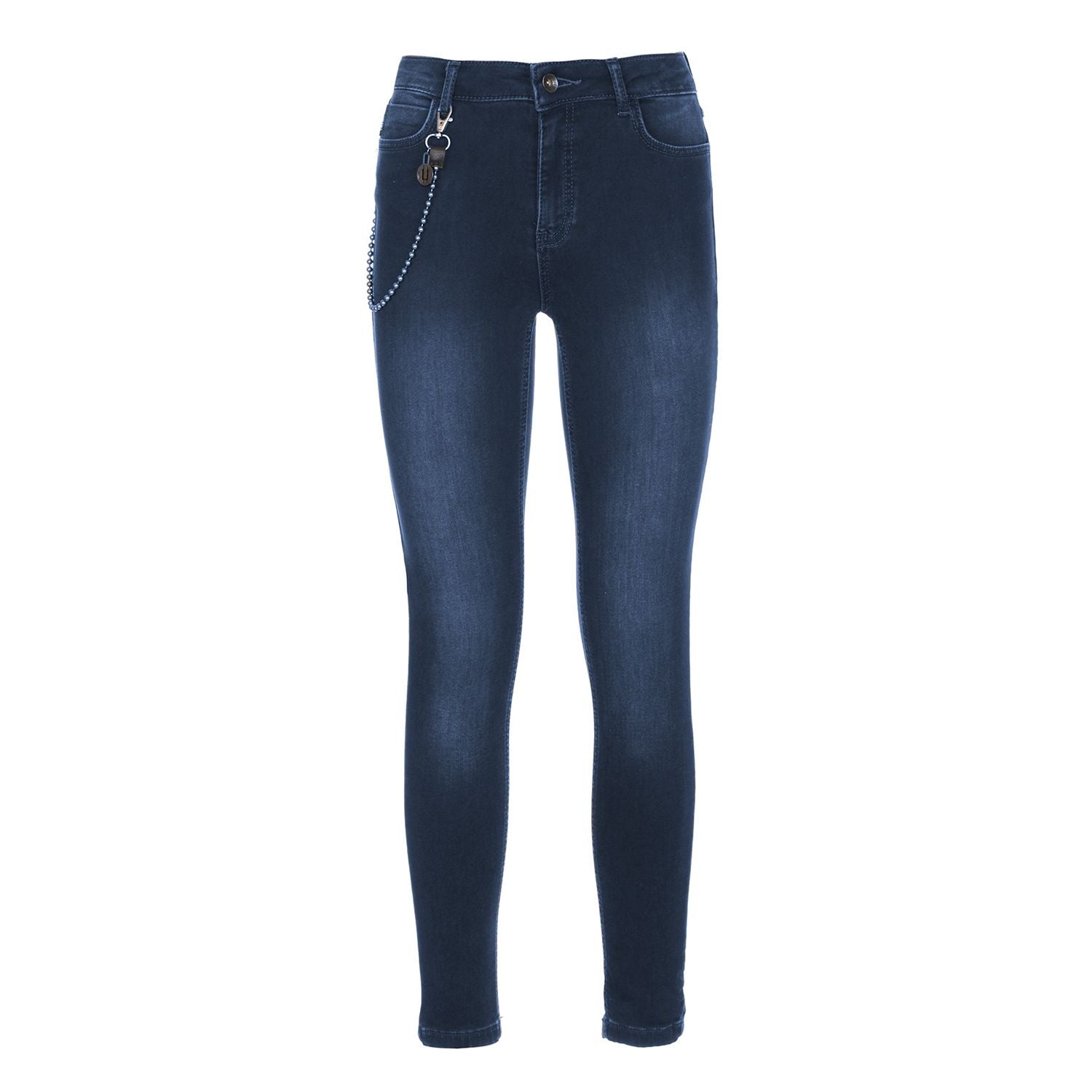 Chic Lightly Washed Blue Slim-Fit Jeans with Chain Detail