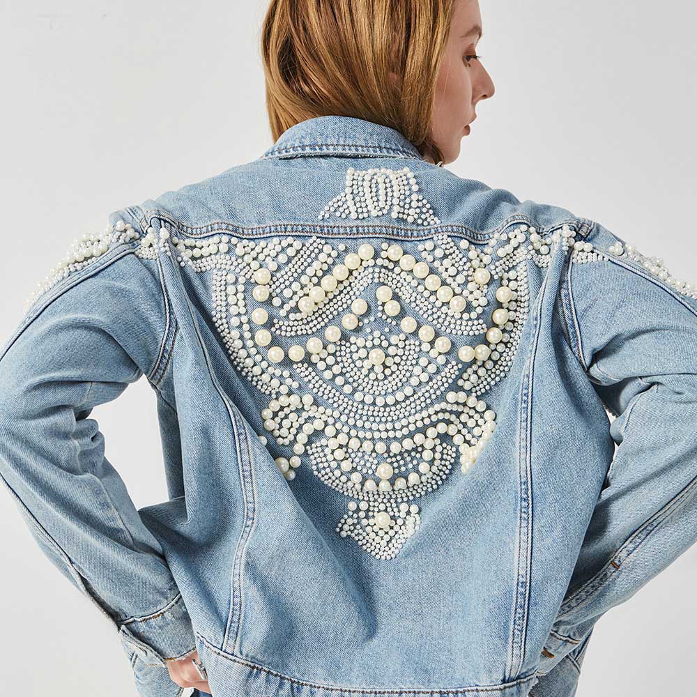 Pearls Embellished Denim Jacket for Women