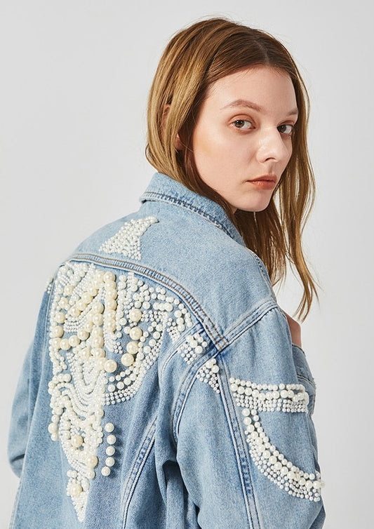 Pearls Embellished Denim Jacket for Women – Faz