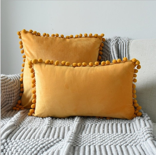 Buy Soft Velvet Cushion Cover with Pompom Ball by Faz