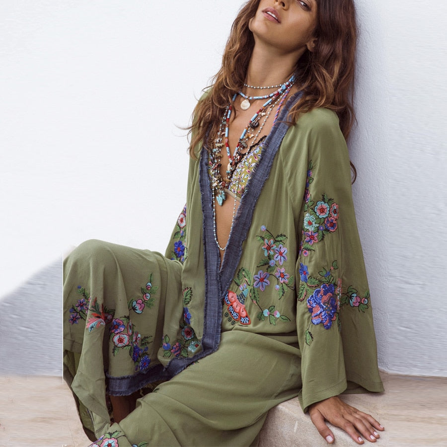Buy Boho Floral Embroidered long Kaftan Dress by Faz